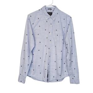 Abercrombie & Fitch Blue White Embroidered Anchors Muscle Button Down Shirt SZ M